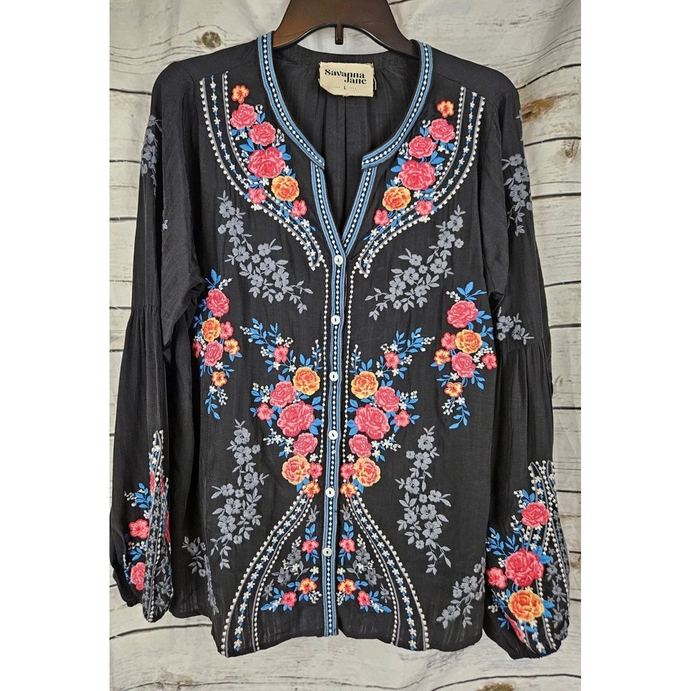 Savanna Jane Black Embroidered Floral Peasant Top L Bishop Sleeve Boho Cottage